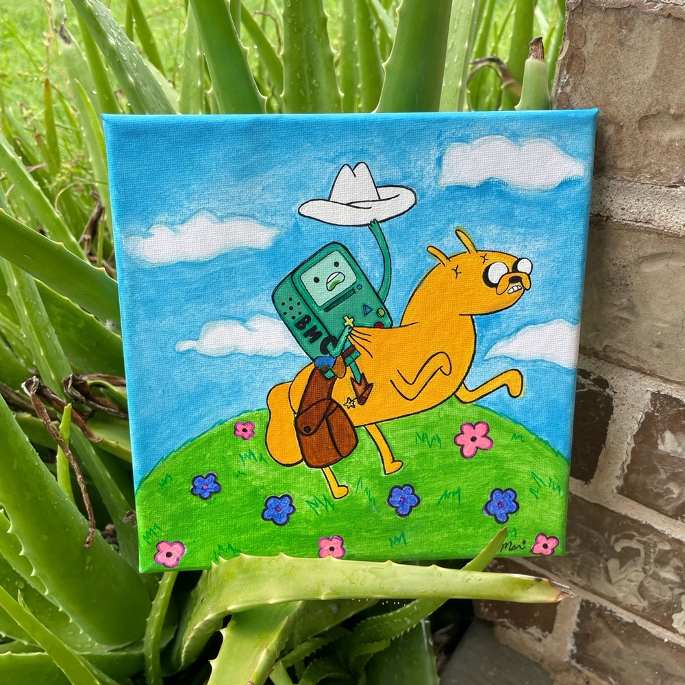 Adventure time cowboy beemo riding Jake the dog hand painted canvas art - Picture 8 of 16